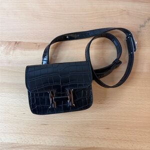 H Constance mini Slim Wallet shiny faux  alligator PHW Kelly belt bag